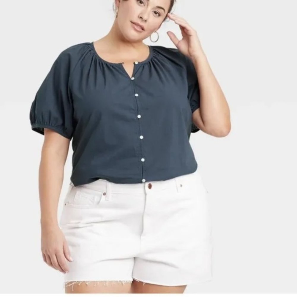 Universal Thread Blouse Puff Short Sleeve Button Up Down Front Navy Size M or L - Picture 4 of 5